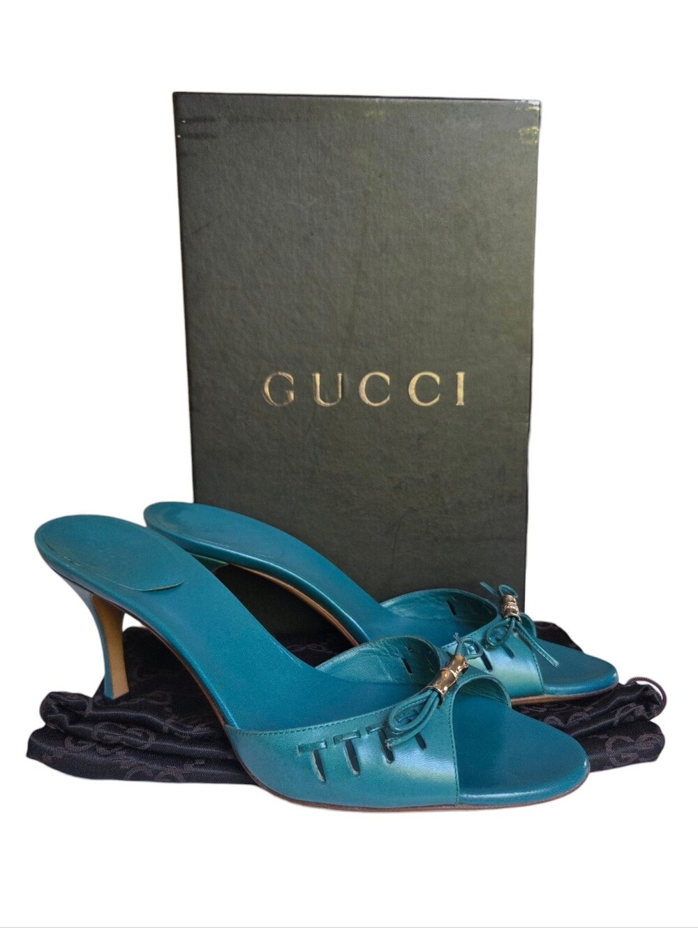 GUCCI Tom Ford New Mirabelle Ottanio Teal Bamboo Bow Leather Mule Sandals 7.5B